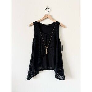 NWT  iZ Byer Black Lace Overlay Sleeveless Top with Necklace Size M